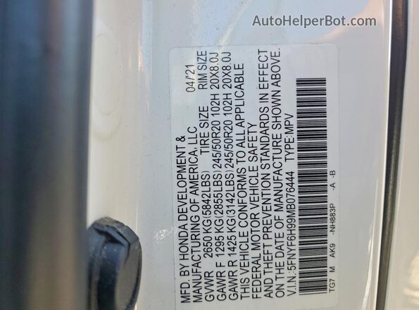 5FNYF6H99MB076444 2021 HONDA PILOT White VIN sticker view
