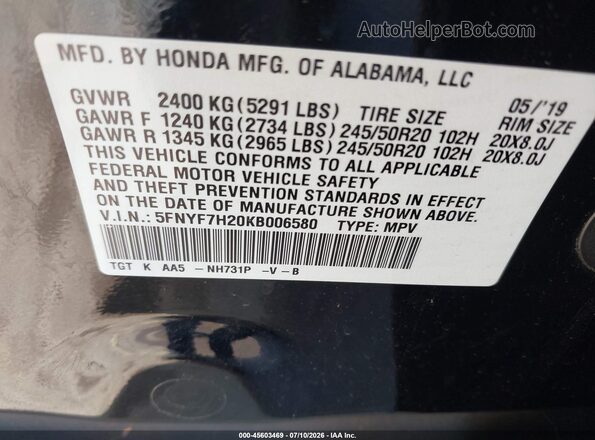 5FNYF7H20KB006580 2019 HONDA PASSPORT Black Engine compartment view