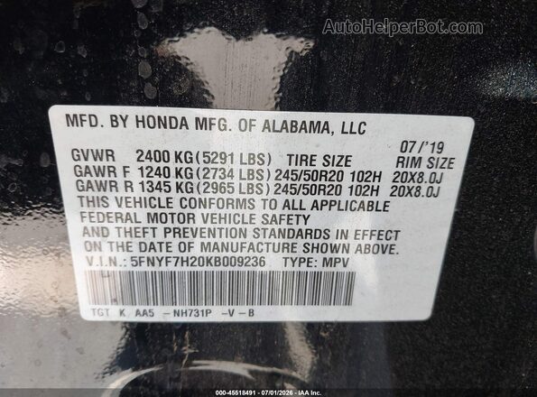5FNYF7H20KB009236 2019 HONDA PASSPORT Black Вид підкапотного простору
