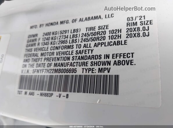 5FNYF7H22MB006695 2021 HONDA PASSPORT White Widok komory silnika