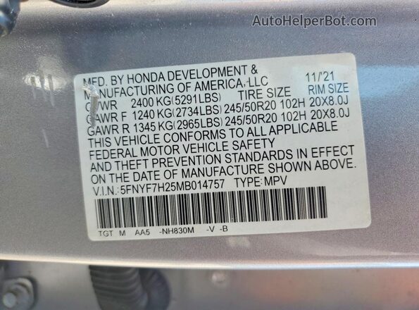 5FNYF7H25MB014757 2021 HONDA PASSPORT Silver VIN კოდის სტიკერის ხედი