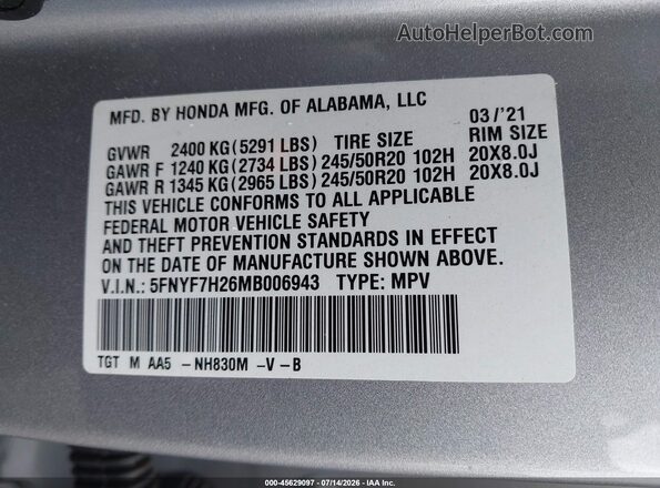 5FNYF7H26MB006943 2021 HONDA PASSPORT Silver Вид підкапотного простору