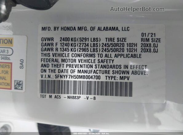 5FNYF7H50MB004700 2021 HONDA PASSPORT White Vista del compartimento del motor