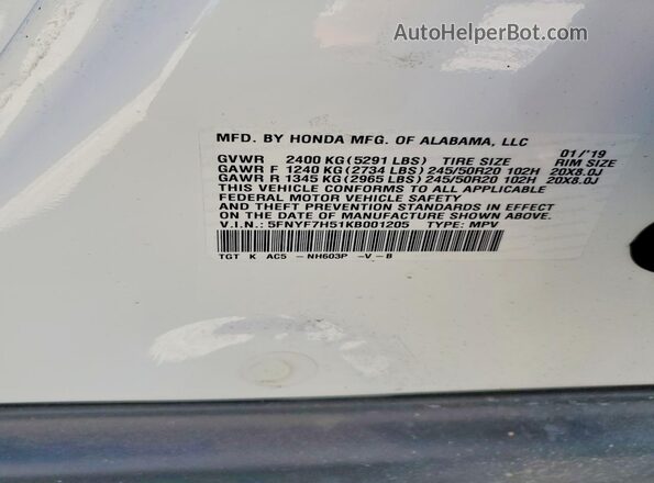 5FNYF7H51KB001205 2019 HONDA PASSPORT White VIN sticker view