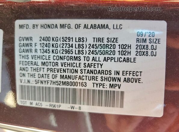 5FNYF7H52MB000163 2021 HONDA PASSPORT Burgundy VIN sticker view