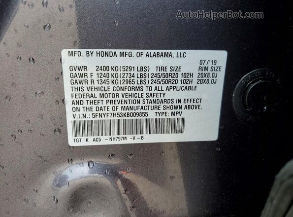 5FNYF7H53KB009855 2019 HONDA PASSPORT Gray VIN sticker view