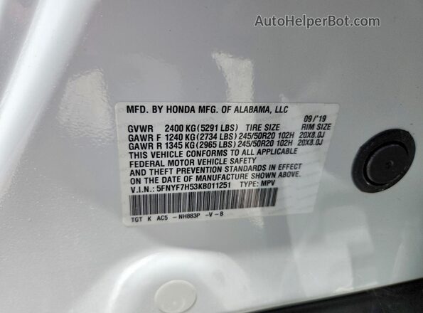 5FNYF7H53KB011251 2019 HONDA PASSPORT White ძრავის განყოფილების ხედი
