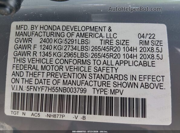 5FNYF7H55NB003799 2022 HONDA PASSPORT Light Blue Widok komory silnika