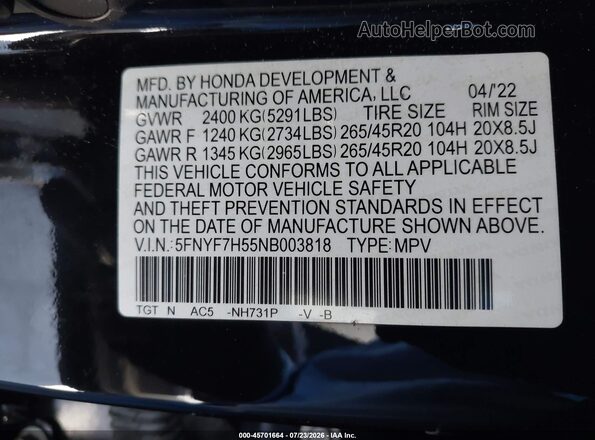 5FNYF7H55NB003818 2022 HONDA PASSPORT Black Вид підкапотного простору
