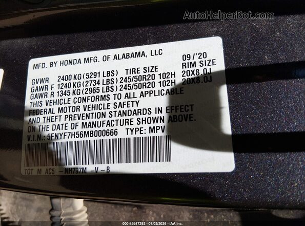5FNYF7H56MB000666 2021 HONDA PASSPORT Gray Շարժիչի բաժամունքի տեսք