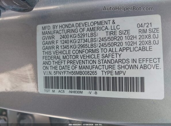 5FNYF7H56MB008265 2021 HONDA PASSPORT Silver ძრავის განყოფილების ხედი