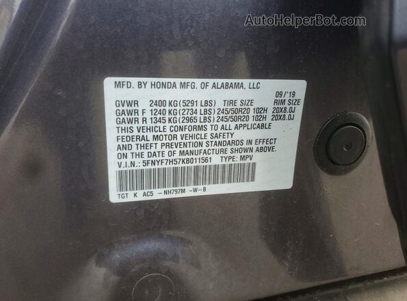 5FNYF7H57KB011561 2019 HONDA PASSPORT Gray VIN კოდის სტიკერის ხედი