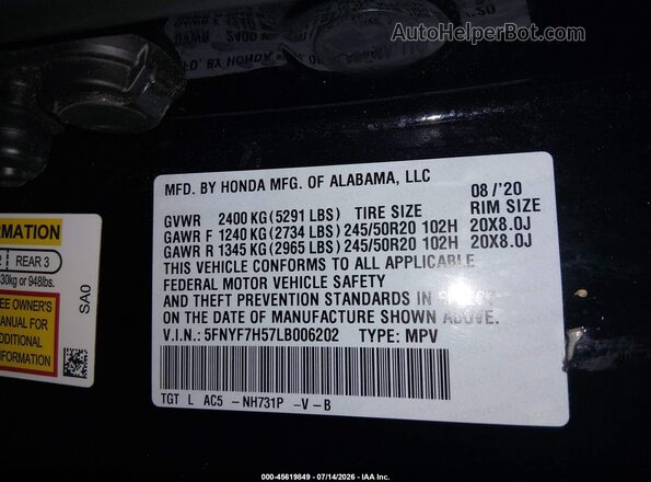 5FNYF7H57LB006202 2020 HONDA PASSPORT Black Widok komory silnika