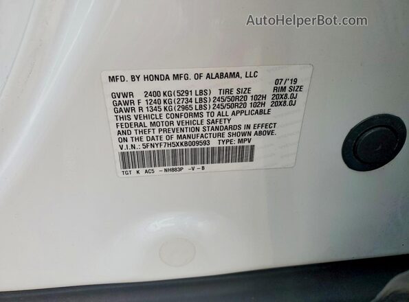 5FNYF7H5XKB009593 2019 HONDA PASSPORT White 