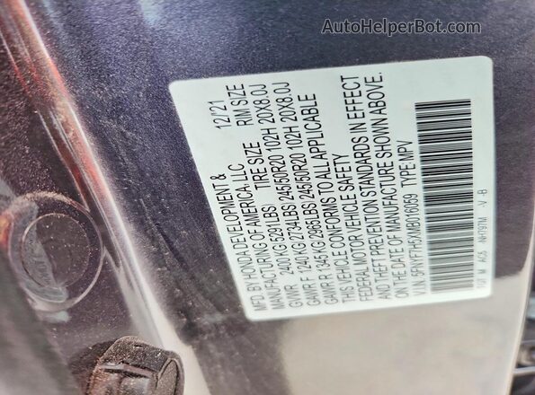 5FNYF7H5XMB016059 2021 HONDA PASSPORT Gray Vista interior de 360 grados