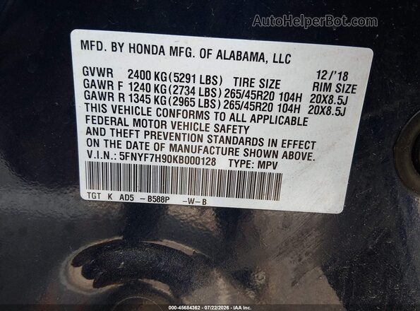 5FNYF7H90KB000128 2019 HONDA PASSPORT Dark Blue Widok komory silnika