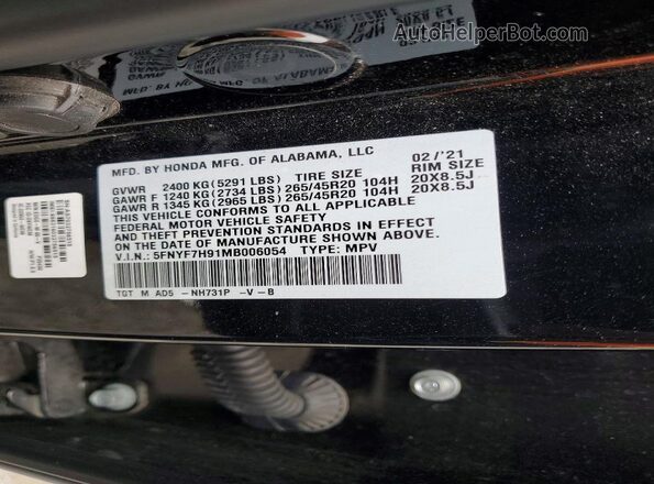5FNYF7H91MB006054 2021 HONDA PASSPORT Black Widok naklejki z numerem VIN