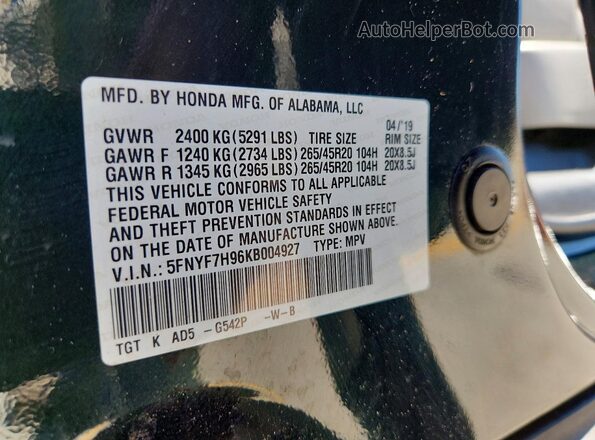 5FNYF7H96KB004927 2019 HONDA PASSPORT Green Widok naklejki z numerem VIN