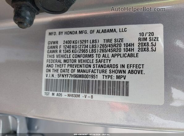 5FNYF7H96MB001951 2021 HONDA PASSPORT Silver Vista del compartimento del motor