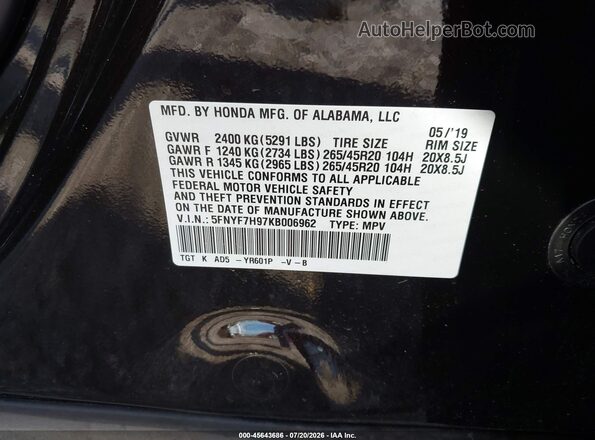 5FNYF7H97KB006962 2019 HONDA PASSPORT Black Widok komory silnika