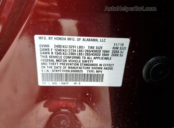 5FNYF7H99LB000825 2020 HONDA PASSPORT Burgundy Vista del compartimento del motor