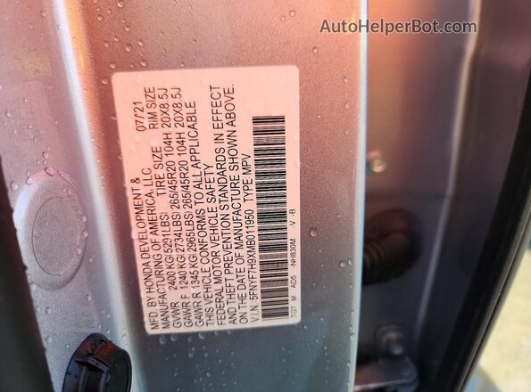 5FNYF7H9XMB011950 2021 HONDA PASSPORT Silver VIN կոդի պիտակի տեսք
