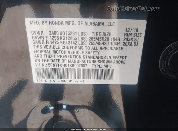 5FNYF8H01KB002087 2019 HONDA PASSPORT Black Engine compartment view
