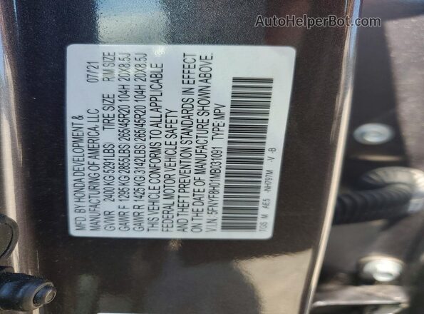 5FNYF8H01MB031091 2021 HONDA PASSPORT Gray Vista de la etiqueta del VIN
