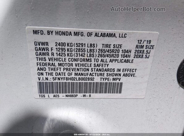 5FNYF8H02LB002892 2020 HONDA PASSPORT White Вид підкапотного простору