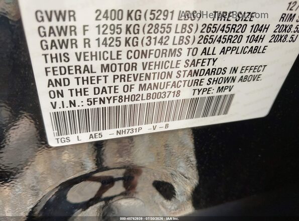 5FNYF8H02LB003718 2020 HONDA PASSPORT Black Engine compartment view