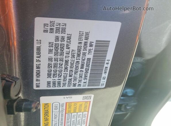 5FNYF8H02LB020308 2020 HONDA PASSPORT Charcoal Engine compartment view