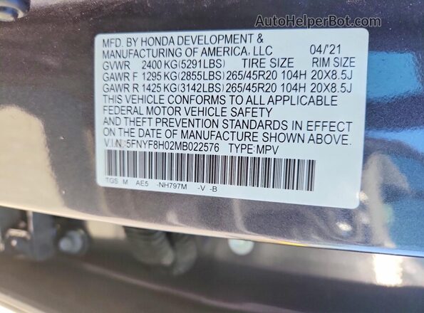 5FNYF8H02MB022576 2021 HONDA PASSPORT Gray VIN sticker view