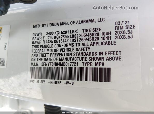 5FNYF8H04MB017721 2021 HONDA PASSPORT Белый Вид подкапотного пространства