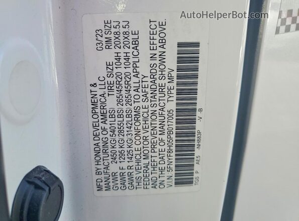 5FNYF8H05PB017005 2023 HONDA PASSPORT White VIN კოდის სტიკერის ხედი