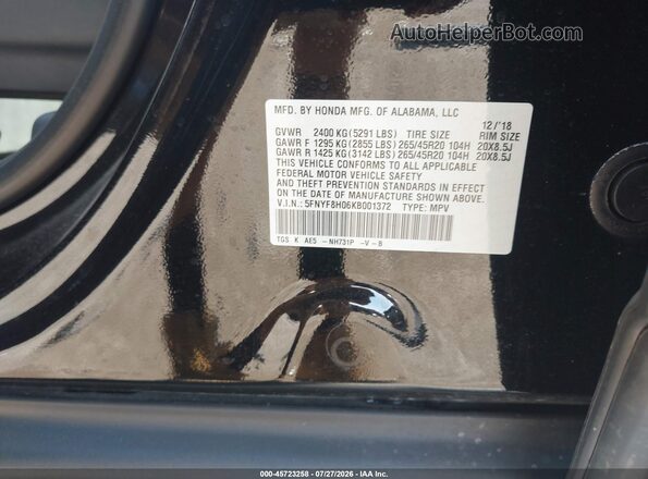 5FNYF8H06KB001372 2019 HONDA PASSPORT Black Շարժիչի բաժամունքի տեսք