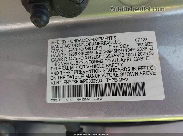 5FNYF8H06PB030393 2023 HONDA PASSPORT Gray Widok komory silnika