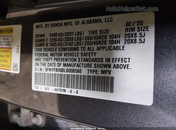 5FNYF8H08LB008566 2020 HONDA PASSPORT Gray Вид підкапотного простору