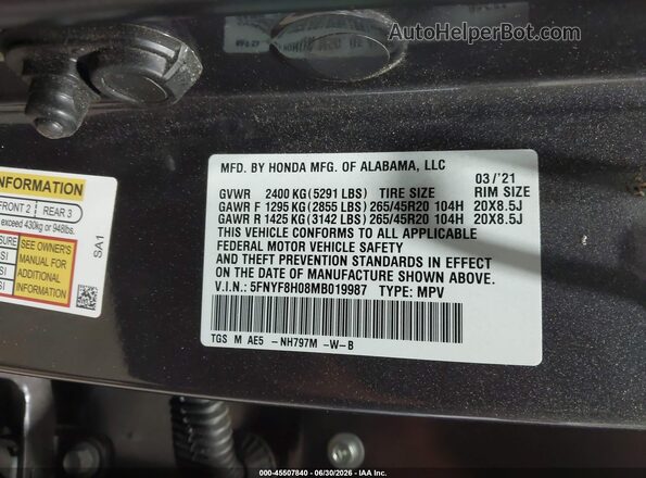 5FNYF8H08MB019987 2021 HONDA PASSPORT Black Vista del compartimento del motor