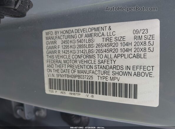 5FNYF8H09PB037225 2023 HONDA PASSPORT Blue Vista del compartimento del motor