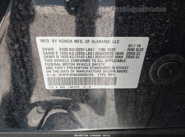 5FNYF8H0XKB005764 2019 HONDA PASSPORT Black Vista del compartimento del motor