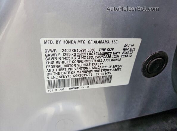 5FNYF8H20KB019724 2019 HONDA PASSPORT Silver VIN sticker view