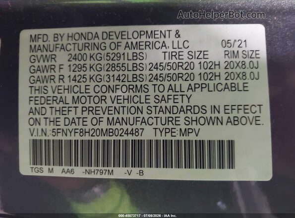 5FNYF8H20MB024487 2021 HONDA PASSPORT Gray Engine compartment view