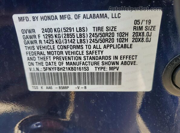 5FNYF8H21KB016153 2019 HONDA PASSPORT Blue VIN კოდის სტიკერის ხედი
