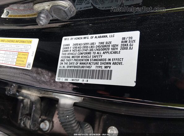 5FNYF8H22LB017457 2020 HONDA PASSPORT Black Շարժիչի բաժամունքի տեսք