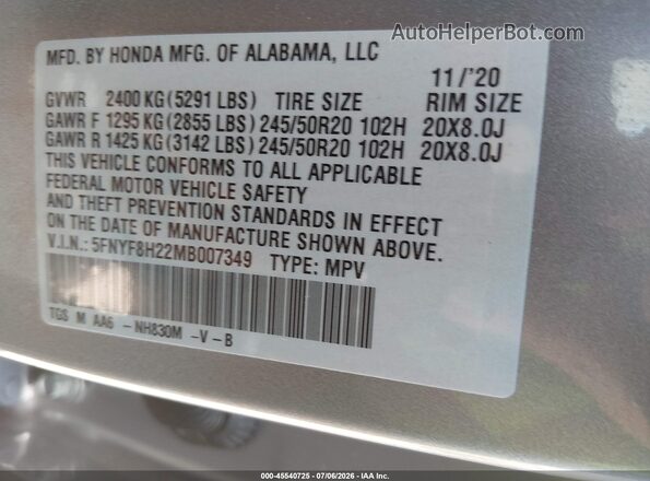 5FNYF8H22MB007349 2021 HONDA PASSPORT Silver Շարժիչի բաժամունքի տեսք