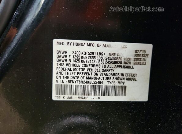 5FNYF8H24KB022464 2019 HONDA PASSPORT Black Вид наклейки з VIN-кодом