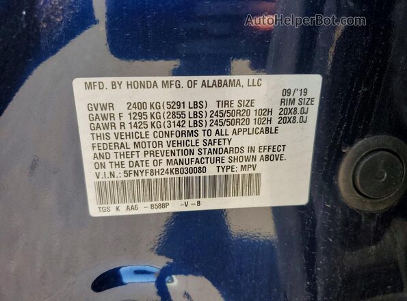 5FNYF8H24KB030080 2019 HONDA PASSPORT Blue Widok naklejki z numerem VIN