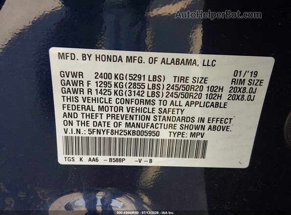 5FNYF8H25KB005950 2019 HONDA PASSPORT Blue Вид підкапотного простору