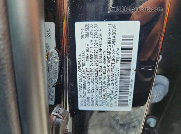 5FNYF8H27MB023031 2021 HONDA PASSPORT Black Vista de la etiqueta del VIN