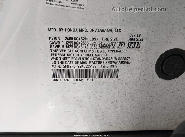 5FNYF8H29KB025179 2019 HONDA PASSPORT White Engine compartment view